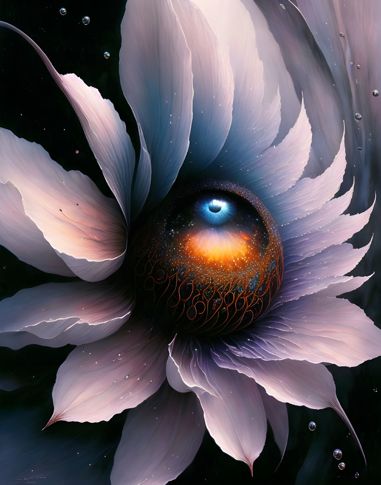 Surreal cosmic eye in blooming flower with celestial elements