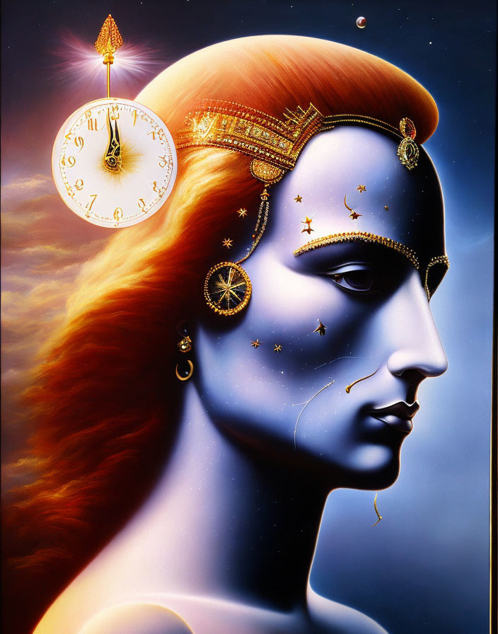 Surreal portrait of a woman with celestial and clock elements, golden adornments, orange-red hair