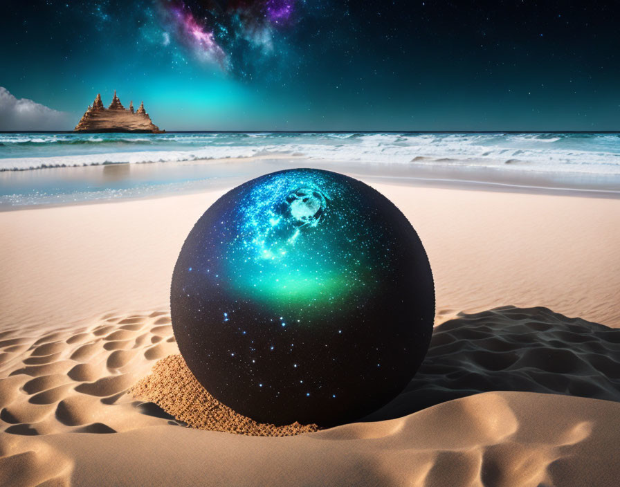 Nighttime Beach Scene with Galaxy Sphere and Ocean Aurora