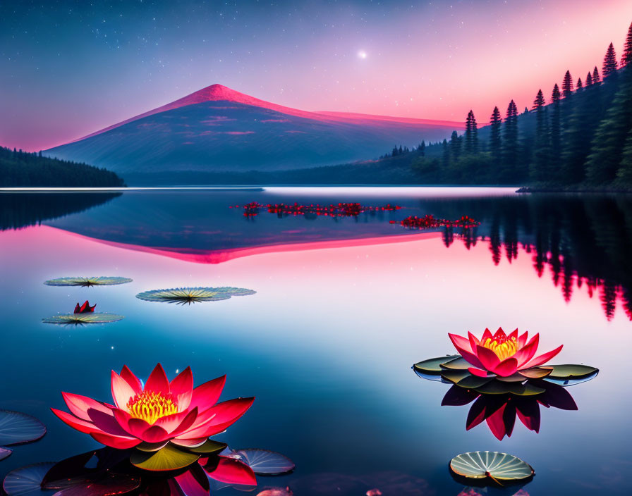 Tranquil dusk scene: lake, water lilies, mountain, pink sky, star