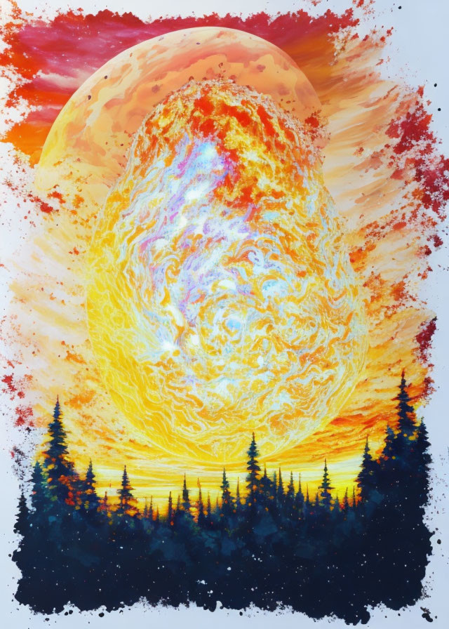 Colorful forest silhouette with swirling fiery sun in the background