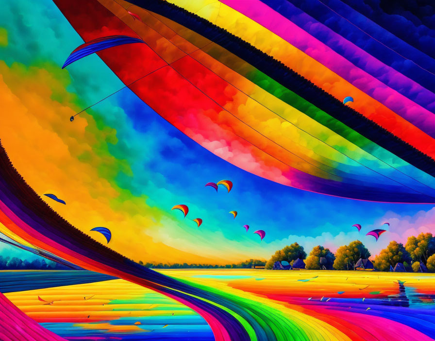 Colorful Landscape with Curved Stripes, Paragliders, and Hot Air Balloons