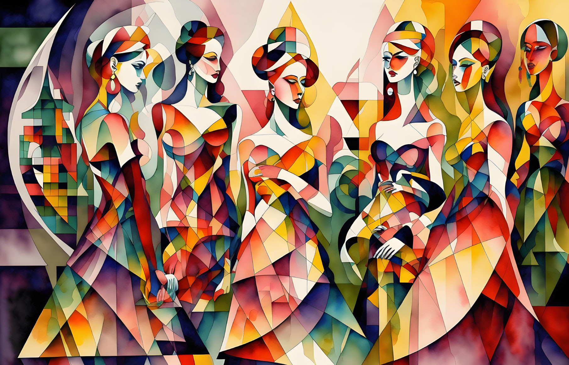 Vibrant Cubist Artwork of Stylized Female Figures