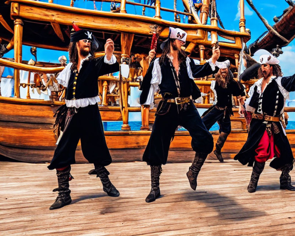 Pirates in costumes dancing on wooden ship deck under clear blue skies