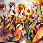 Vibrant Cubist Artwork of Stylized Female Figures