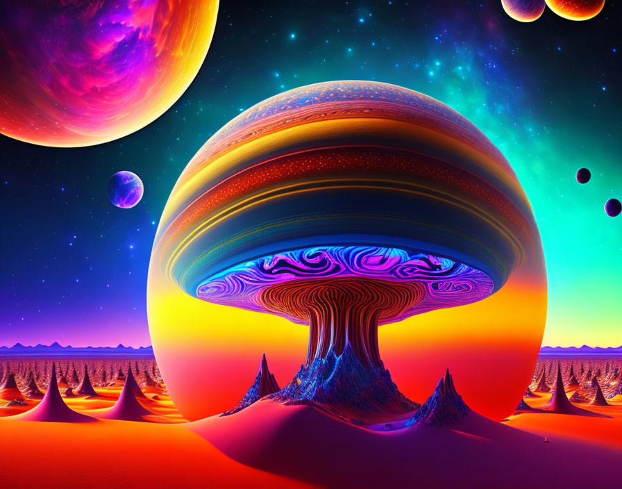 Colorful Alien Landscape with Psychedelic Sky & Oversized Planets