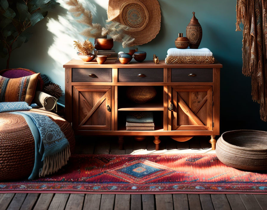 Warmly lit interior with wooden cabinet, woven baskets, ceramic pots, textiles, and colorful rug.