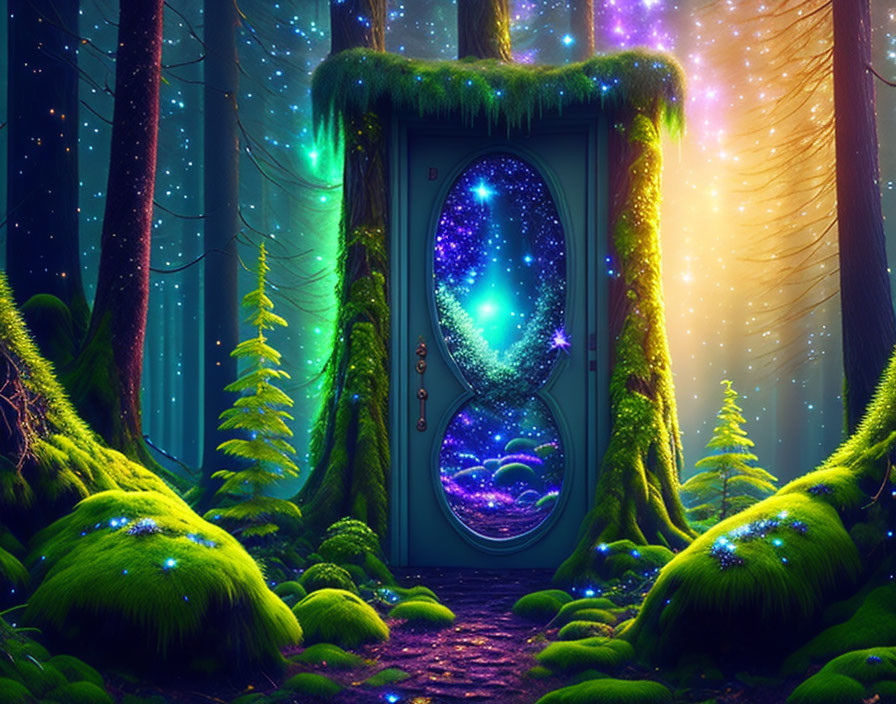 Enchanted forest with moss-covered mystical door and starlit space view.