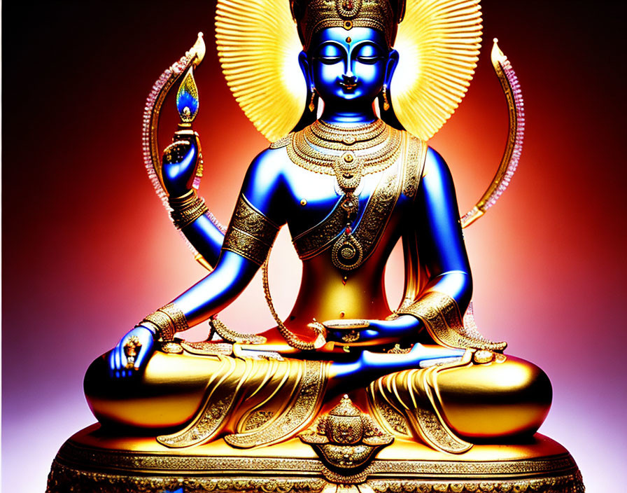 Vibrant multi-armed deity in lotus position with blue complexion and golden jewelry against fiery backdrop