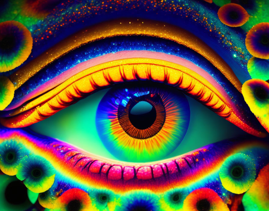 Colorful Close-Up Eye Image with Psychedelic Patterns and Neon Hues