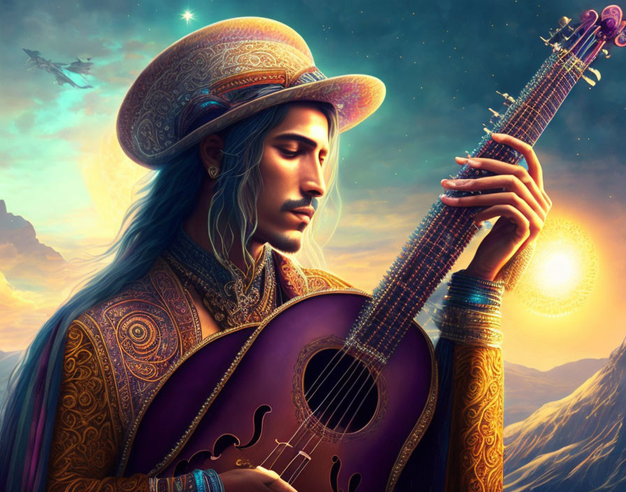 Illustration of person with long hair, ornate hat, playing instrument at sunset