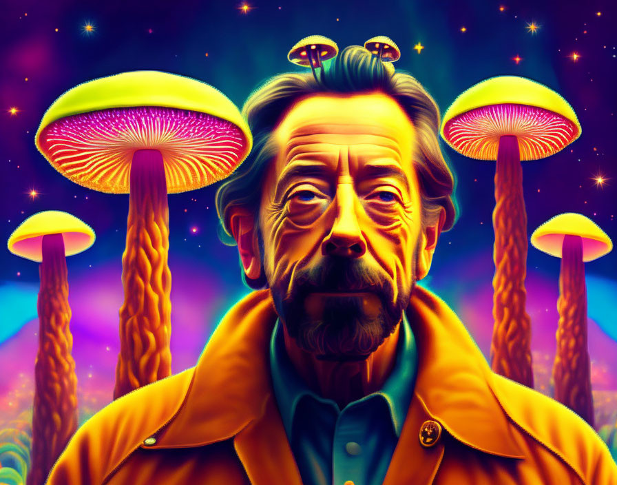 Colorful Psychedelic Illustration of Man with Beard and Glowing Mushrooms