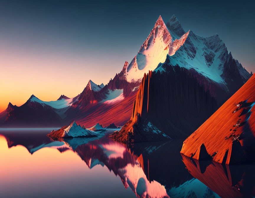 Mountain Peaks Reflecting in Still Lake at Vibrant Sunset