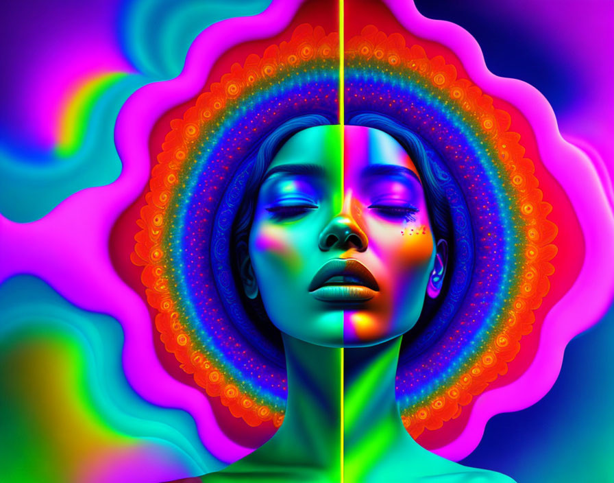 Split-profile woman's face on psychedelic background with swirling colors.