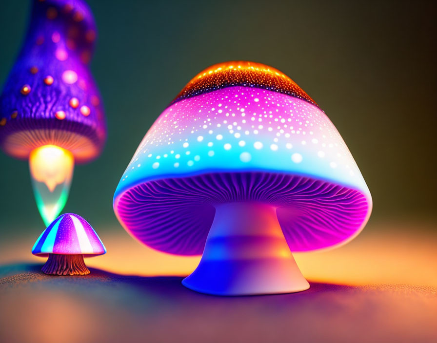 Colorful illuminated artificial mushrooms on gradient background - fantasy theme