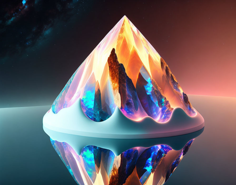 Iridescent crystal mountain with fiery peaks on glossy base against twilight sky