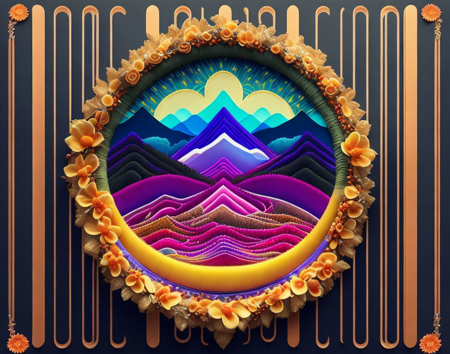 Vibrant digital artwork of stylized mountain landscape with colorful layers and sun motif