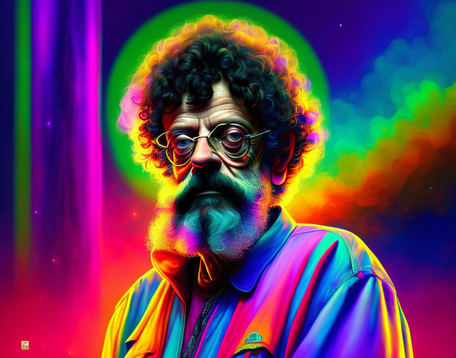 Colorful portrait of a bearded man with curly hair and glasses on vibrant background