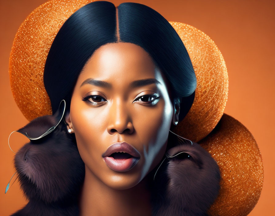 Digital portrait of woman with golden headpiece, bold makeup, and fur accessories on orange backdrop