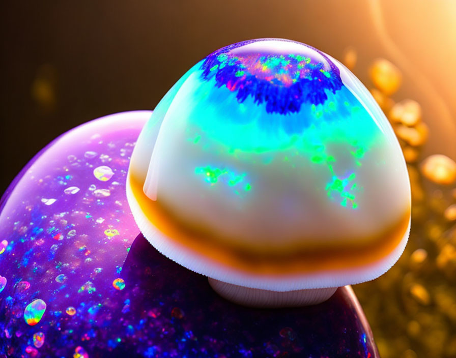 Colorful Bubble on Glossy Surface with Golden Orbs and Warm Lighting