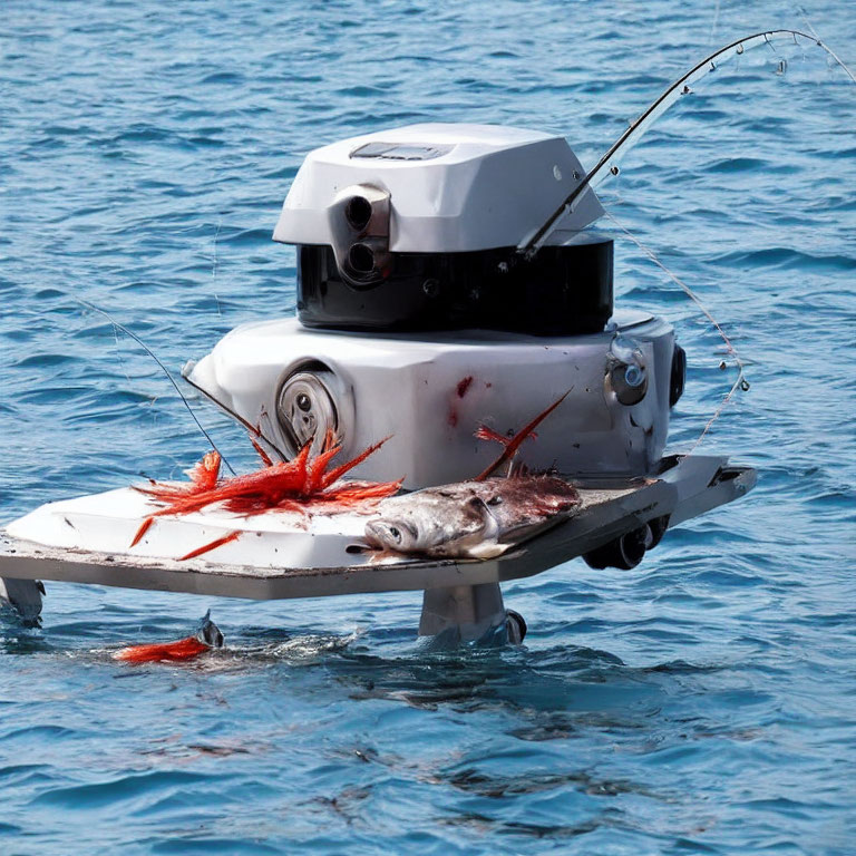 Robotic Water Device with Fishing Rods and Large Fish on White Platform