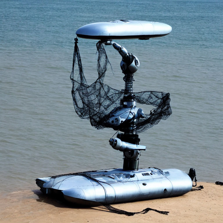 Human Figure Mechanical Sculpture with Surfboard Hat and Deflated Raft Seated by Shore