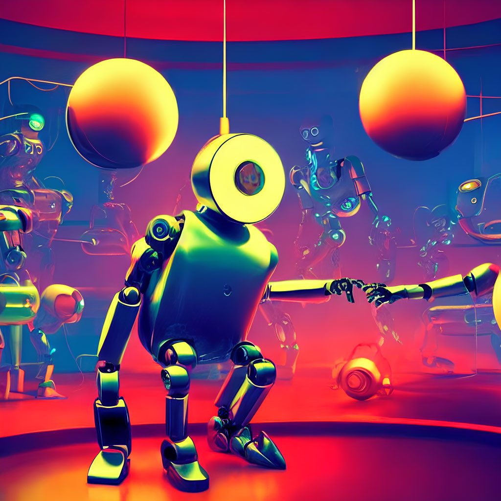 Colorful 3D robot dancing in vibrant room