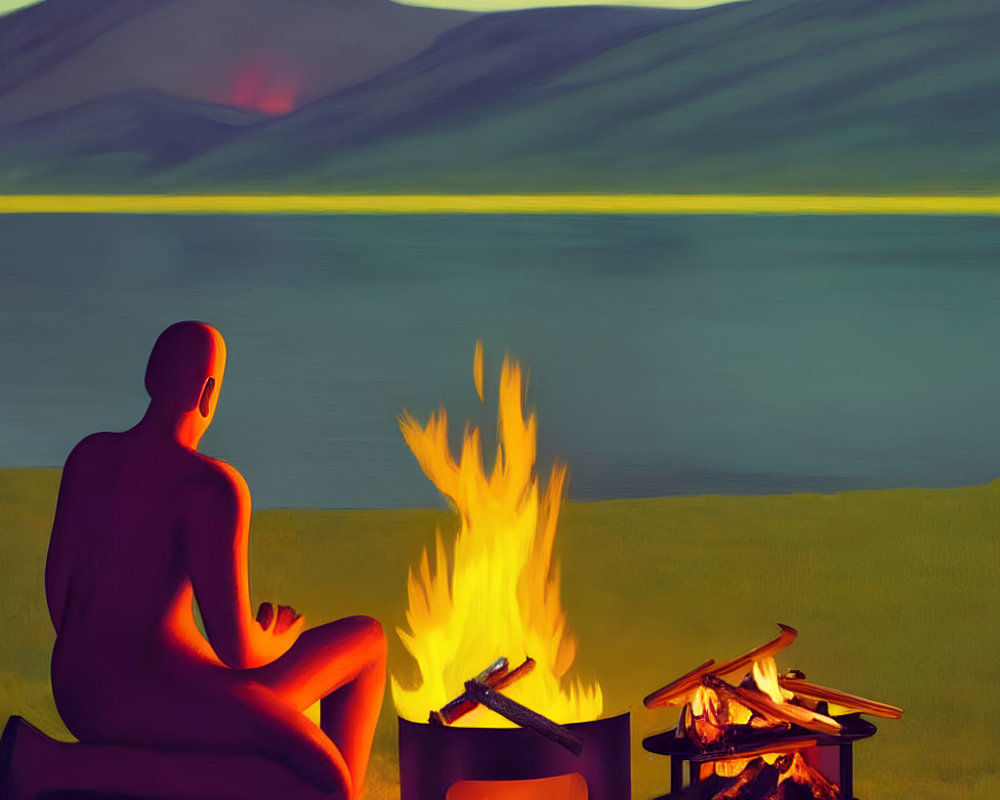 Person by Campfire at Lake with Hills: Peaceful Sunset/Dawn Scene