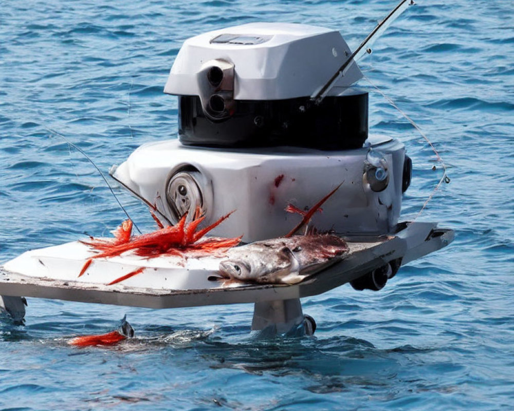 Robotic Water Device with Fishing Rods and Large Fish on White Platform