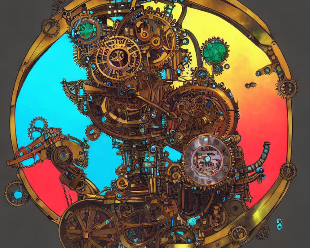 Steampunk Clockwork Design with Gears on Blue to Amber Gradient Background