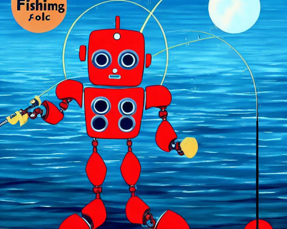 Whimsical red robot fishing at sea under bright sky