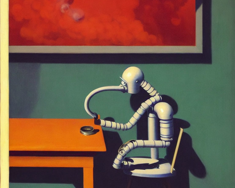 Humanoid robot examines object at table with red abstract painting.