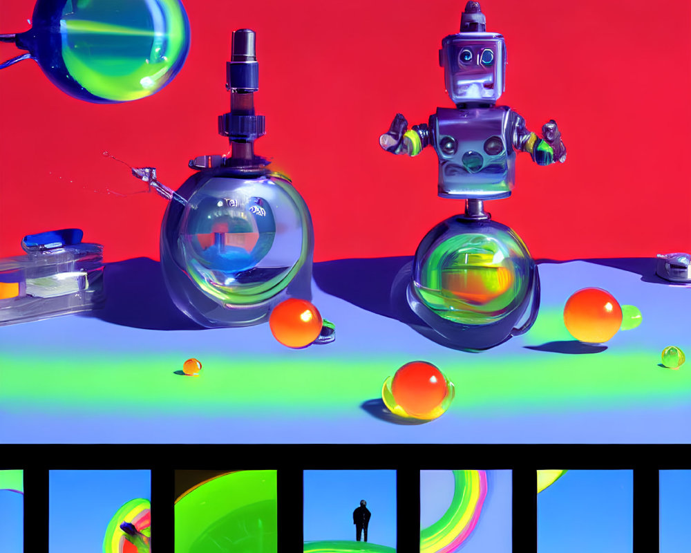 Vibrant robot with glass objects on reflective surface