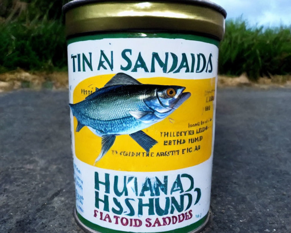 Fish illustration on tin can label with plants and stones in background