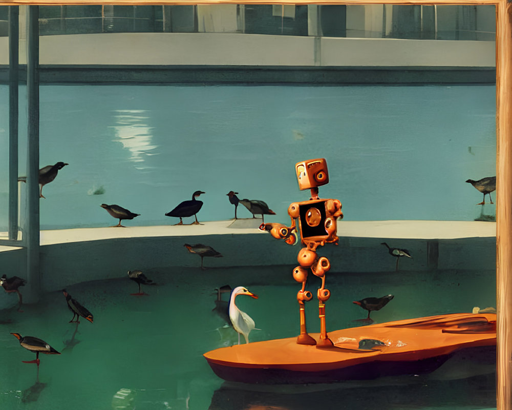 Whimsical wooden robot on orange boat with birds and serene pool reflection