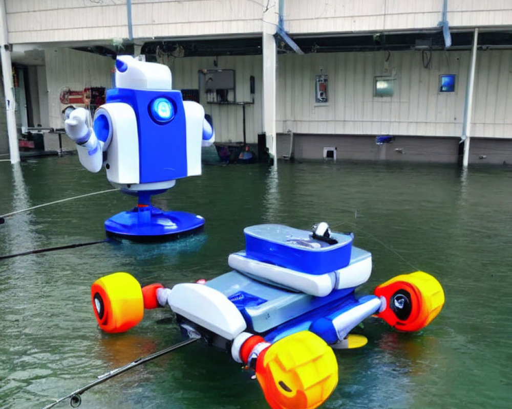 Blue and White Robot Floats with Yellow and Orange Parts on Water