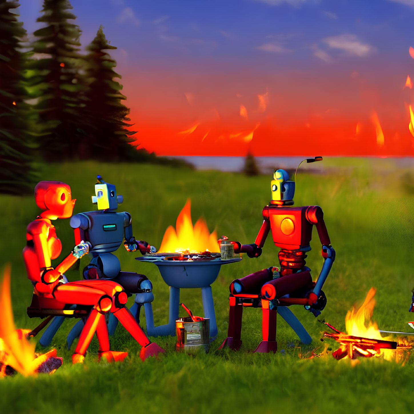 Animated robots grilling outdoors at campfire with vibrant sunset and greenery