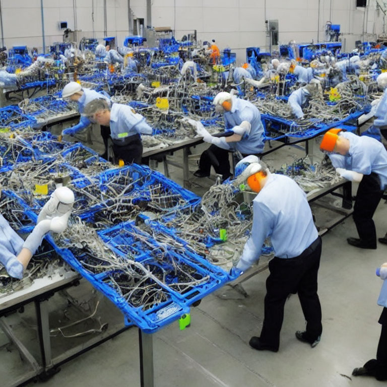 Industrial workers assembling complex wiring systems on production tables