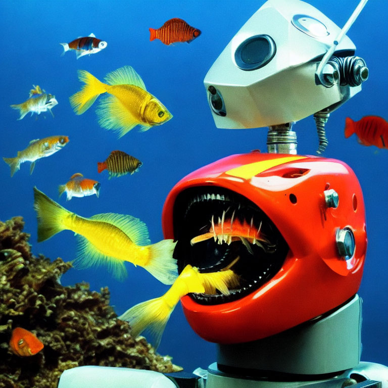 Colorful Underwater Scene with Red Robotic Fish Head