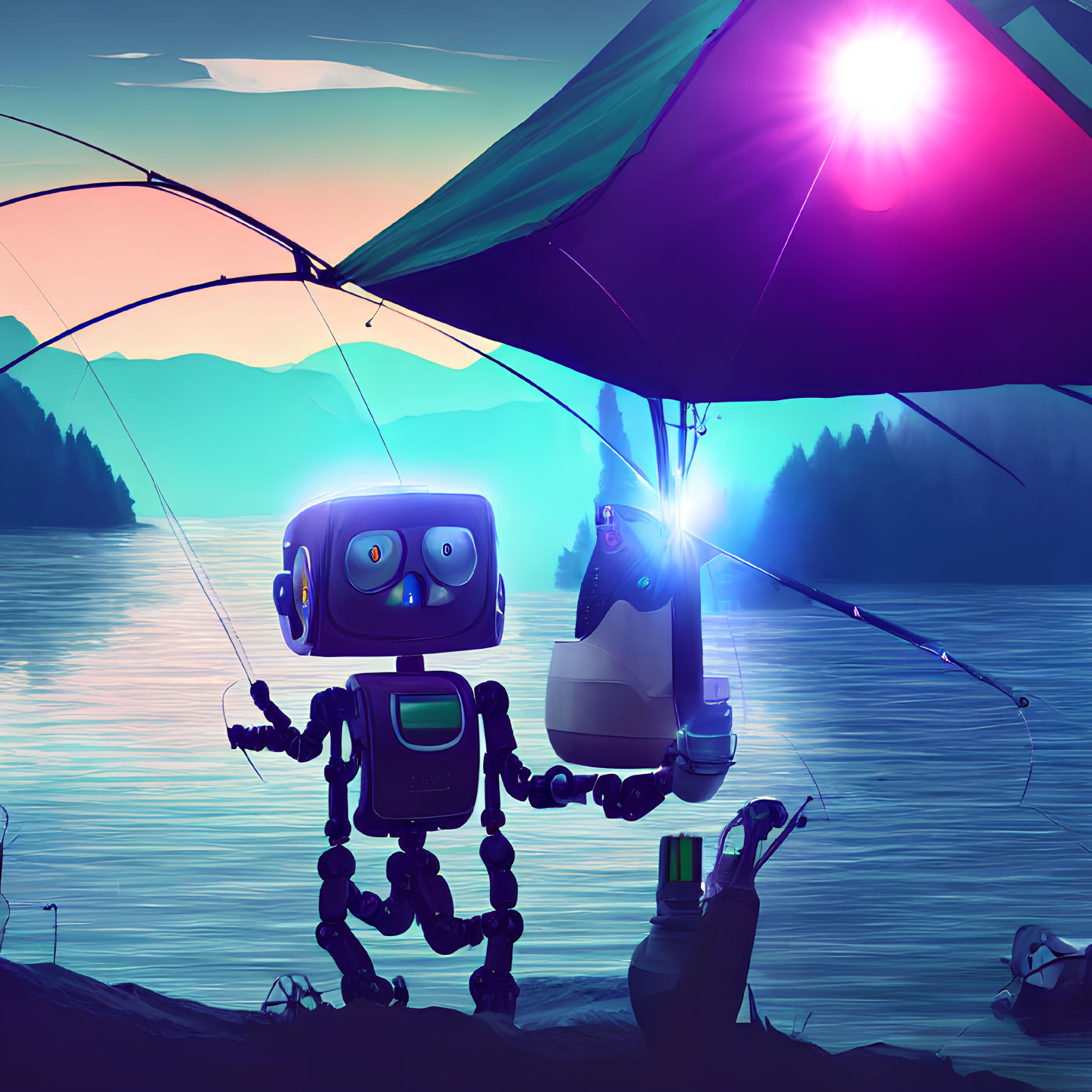 Robot fishing at sunset by serene lake with campfire and gear