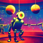 Colorful 3D robot dancing in vibrant room