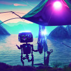 Robot fishing at sunset by serene lake with campfire and gear