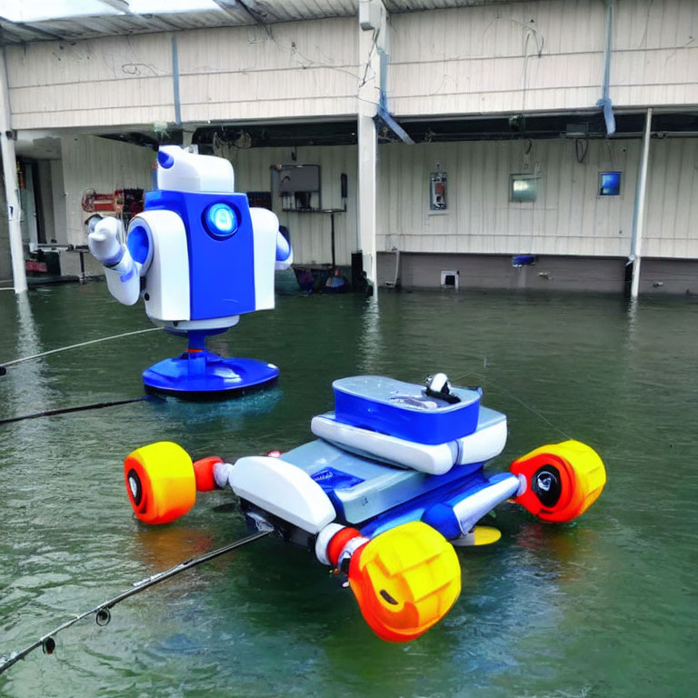 Blue and White Robot Floats with Yellow and Orange Parts on Water