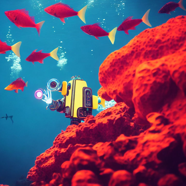 Colorful robotic submarine explores vibrant coral reefs in underwater scene