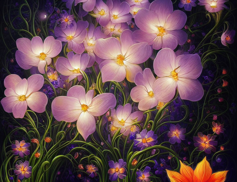 Detailed illustration of purple and yellow flowers in a fairy-tale setting