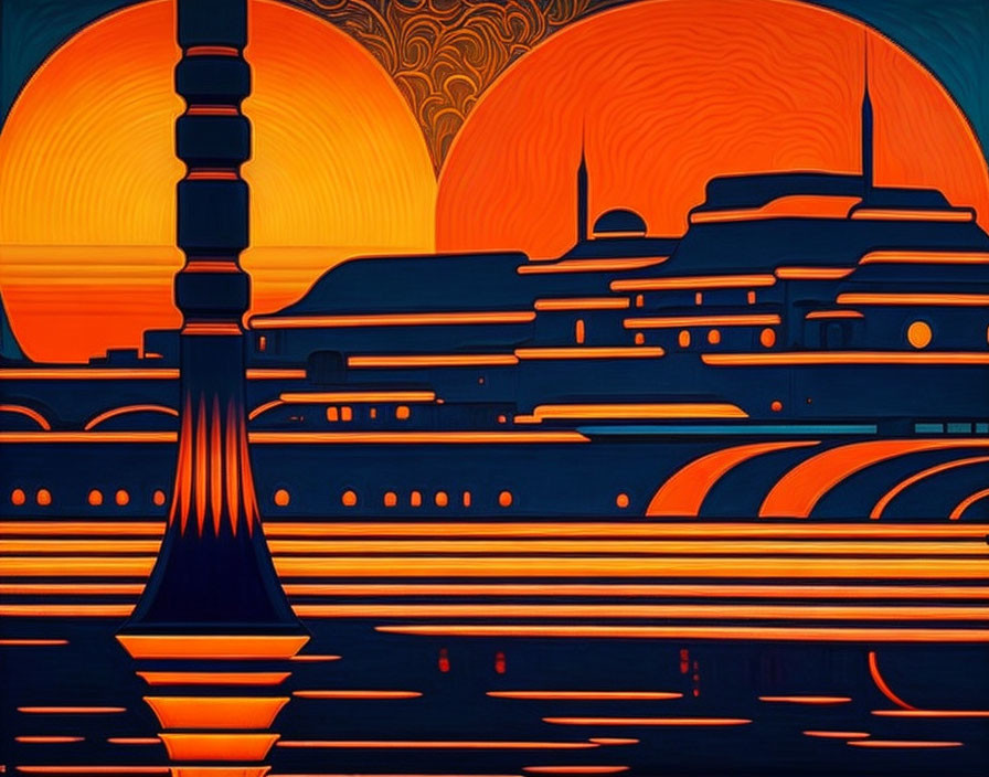 Colorful artwork featuring architectural landscape with minaret and domed structures against dual sun backdrop