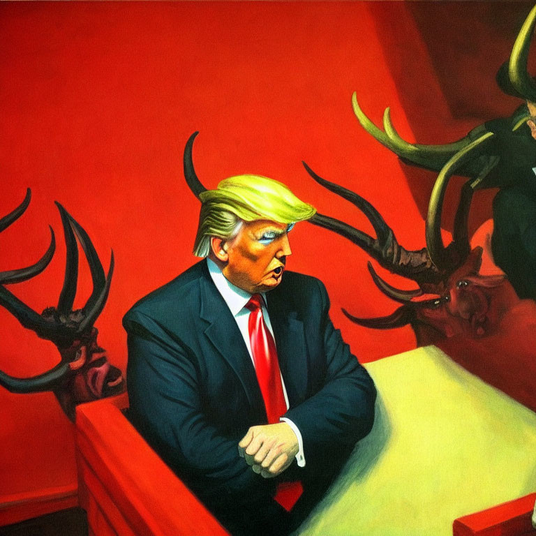 Man with Red Tie Sitting Pensively Surrounded by Abstract Stags