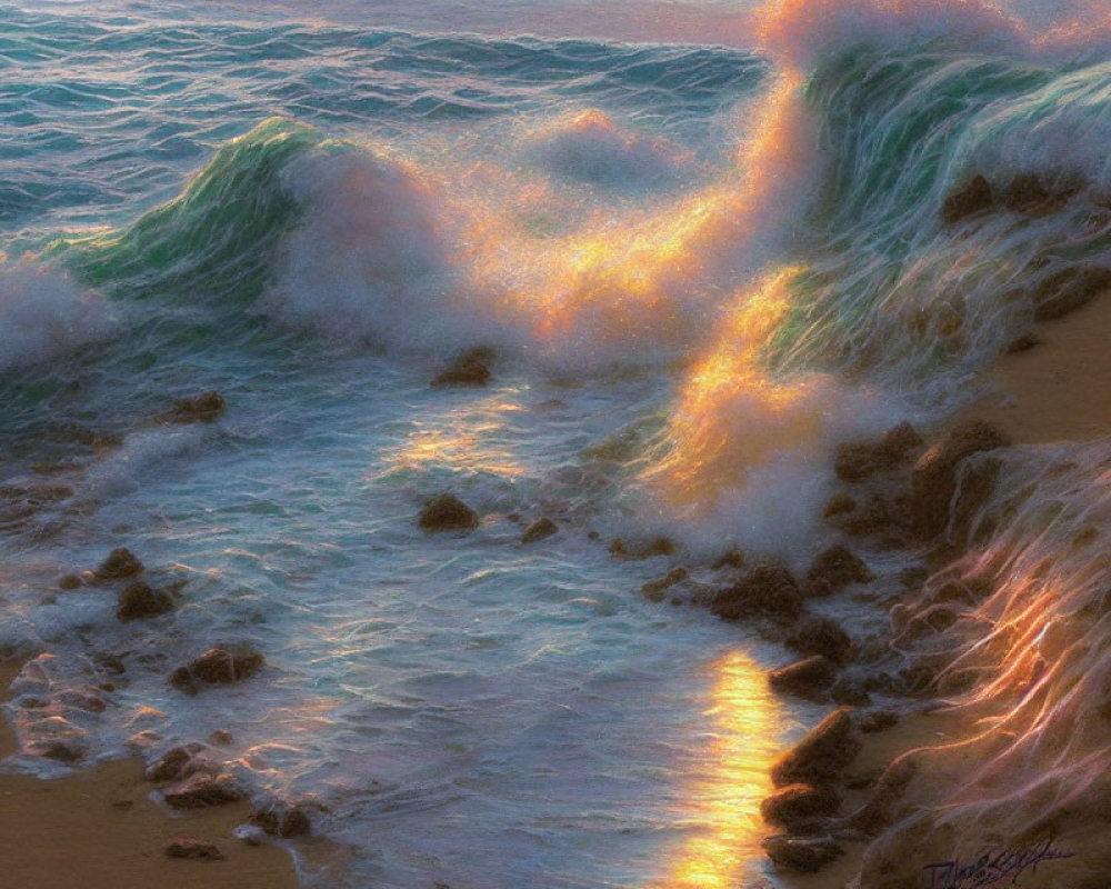 Sunlit Waves Crashing on Sandy Shore