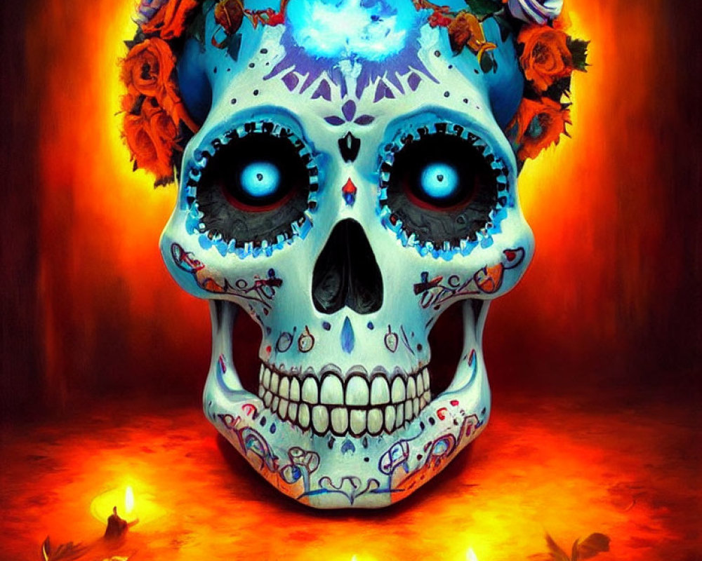 Colorful Skull with Floral Patterns and Roses in Candle-Lit Setting