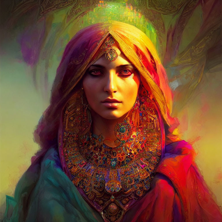 Colorful Portrait of Woman with Jeweled Headpiece and Necklace